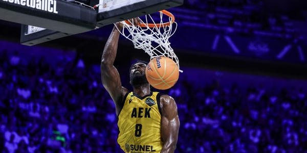 Keyshawn Feazell of AEK BC in action during the Final Four Basketball Champions League Semi Finals basketball match played between AEK BC and Unicaja at Palau Olimpic Badalona on May 07, 2026 in Badalona, Barcelona, Spain.