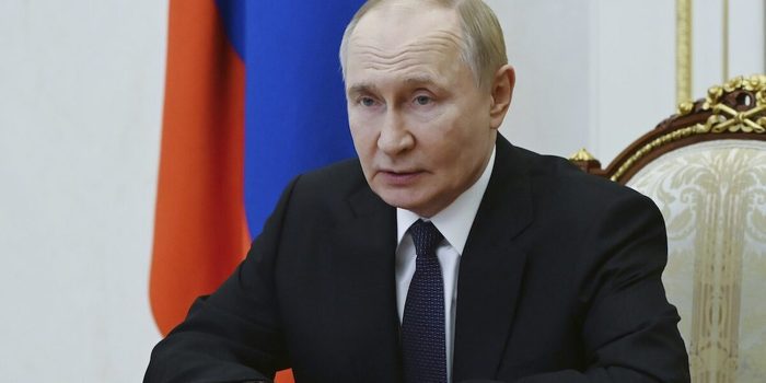 Russian President Vladimir Putin chairs a Security Council meeting via videoconference at the Kremlin in Moscow, Russia, Friday, Aug. 29, 2025. (Pavel Byrkin, Sputnik, Kremlin Pool Photo via AP)